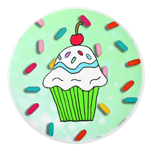 Whimsical Lime Green Cupcake met Cherry bovenaan Keramische Knop (Voorkant)