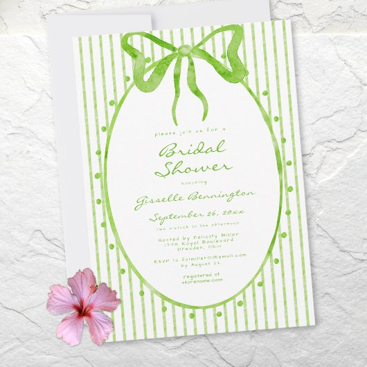 Whimsical Lime Watercolor Bow Stripe Bridal Shower Kaart