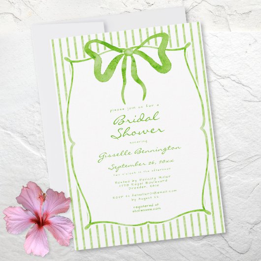 Whimsical Lime Watercolor Bow Stripe Bridal Shower Kaart