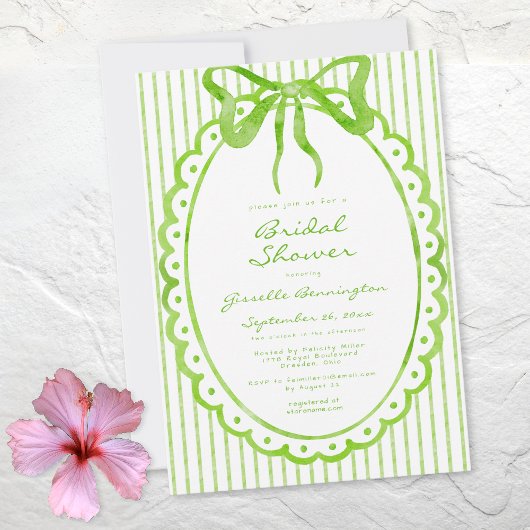 Whimsical Lime Watercolor Bow Stripe Bridal Shower Kaart