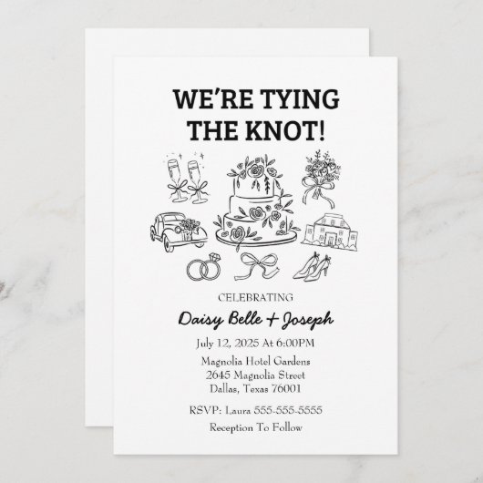 Whimsical Line Art Wedding Uitnodiging (Voorkant / Achterkant)