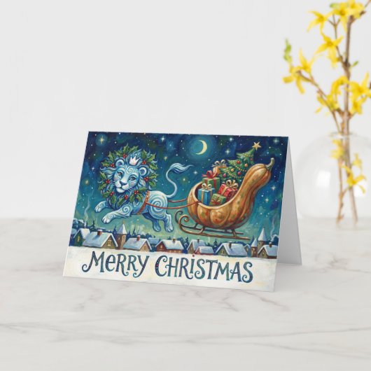 Whimsical Lion Pulling Sleigh Christmas Card Kaart (Gele Bloem)