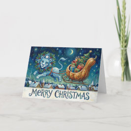 Whimsical Lion Pulling Sleigh Christmas Card Kaart