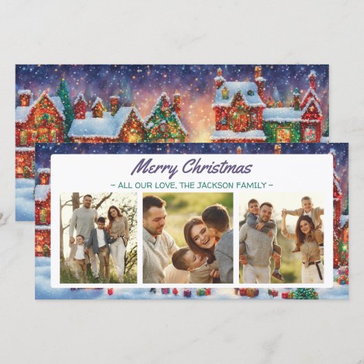 Whimsical Lite Brite Kunst Kerst 3 Foto Collage Feestdagenkaart (Voorkant / Achterkant)