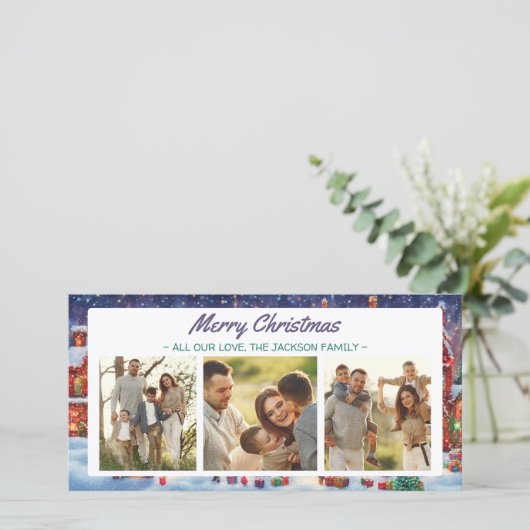 Whimsical Lite Brite Kunst Kerst 3 Foto Collage Feestdagenkaart (Staand voorkant)