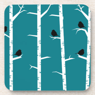 Whimsical Little Black Birds and White Birch Trees Drankjes Onderzetter