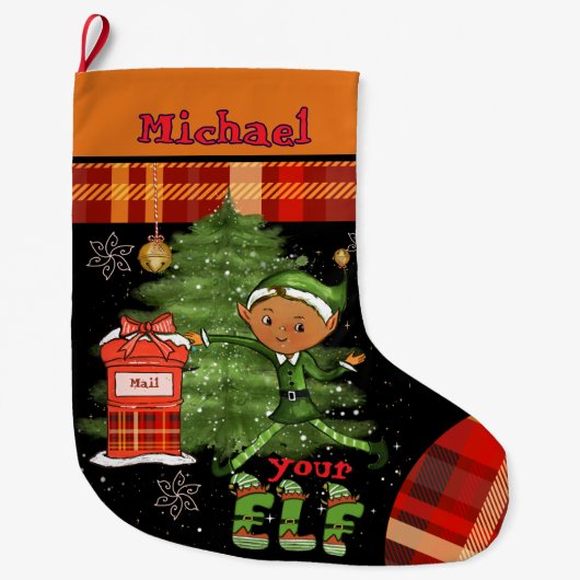 Whimsical Little Elf Boy Christmas Kids Stocking Grote Kerstsok (Voorkant)