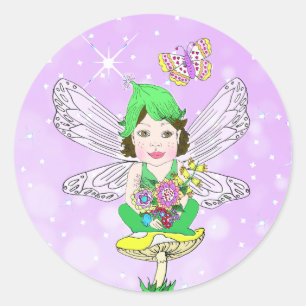 Whimsical Little Elf Fairy, Mushroom and Butterfly Ronde Sticker