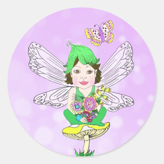 Whimsical Little Elf Fairy, Mushroom and Butterfly Ronde Sticker (Voorkant)