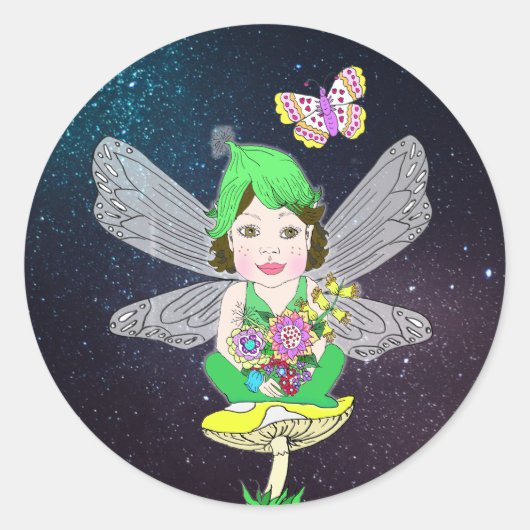 Whimsical Little Elf Fairy, Mushroom and Butterfly Ronde Sticker (Voorkant)