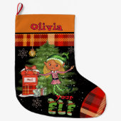 Whimsical Little Elf Girl Kids Christmas Stocking  Grote Kerstsok (Voorkant)