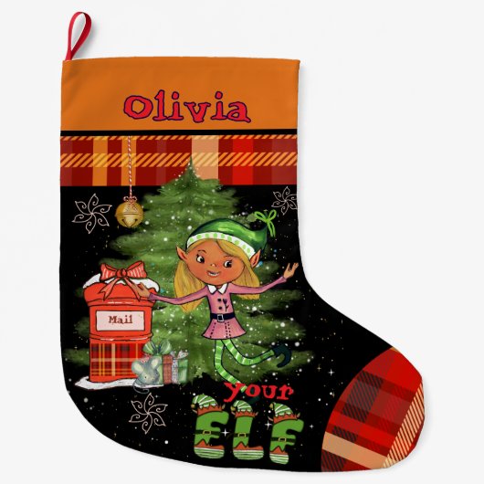 Whimsical Little Elf Girl Kids Christmas Stocking  Grote Kerstsok (Voorkant)