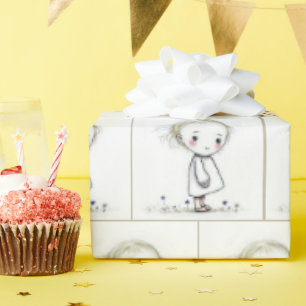 Whimsical Little Girl Doodle in Wildflowers Cadeaupapier