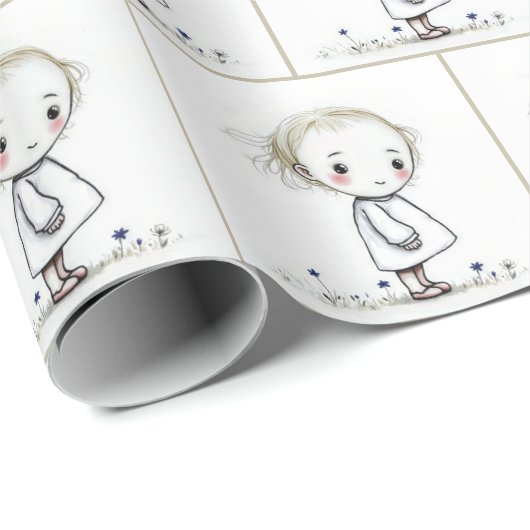 Whimsical Little Girl Doodle in Wildflowers Cadeaupapier (Rol Hoek)