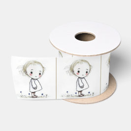 Whimsical Little Girl Doodle in Wildflowers Satijnen Lint