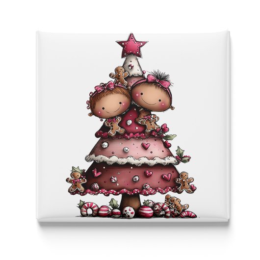 Whimsical Little Girl Pink Christmas Tree Magnet