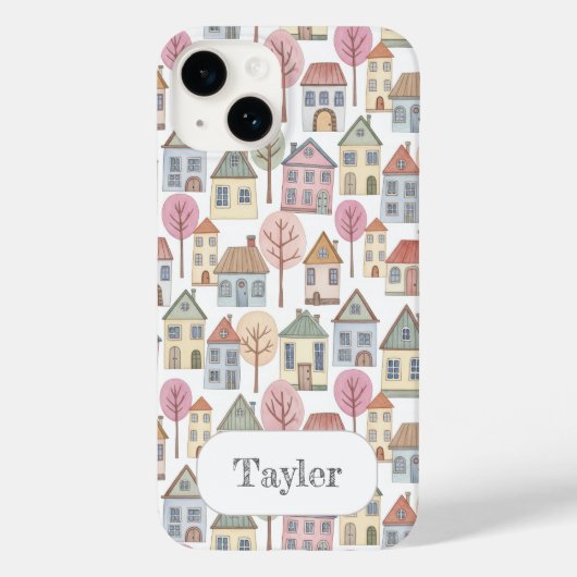Whimsical Little Houses Illustration Custom Name Case-Mate iPhone Case (Achterkant)