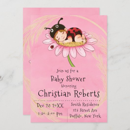 Whimsical Little Ladybug Baby Shower Invitations Kaart (Voorkant / Achterkant)