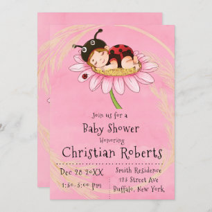 Whimsical Little Ladybug Baby Shower Invitations Kaart
