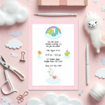 Whimsical Llama en Rainbow Kids Verjaardagsfeest Kaart<br><div class="desc">Verfris de verjaardag van je kleintje met deze speelse feestuitnodiging met een lama-thema! Met een kleurrijke regenboog, cactussen, pluizige wolken en een schattige lama is dit ontwerp ideaal voor kinderfeesten. De roze gestreepte rand voegt een zoete toets toe en de aanpasbare foto terug maakt het extra speciaal. Volledig aanpasbaar met...</div>