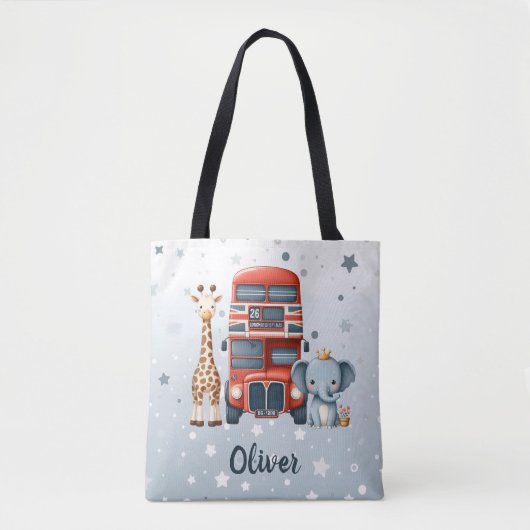 Whimsical London Bus met Giraffe & Olifant Tote Bag (Voorkant)