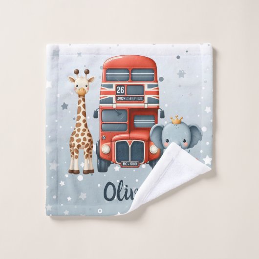 Whimsical London Bus met Giraffe & Olifant Washandje (Wasdoekje)