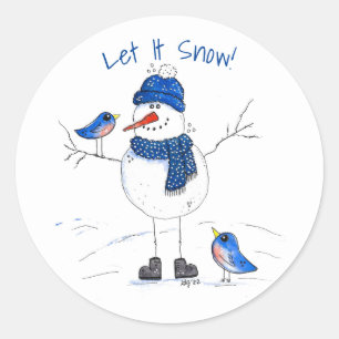 Whimsical Long-Legged Snowman Ronde Sticker