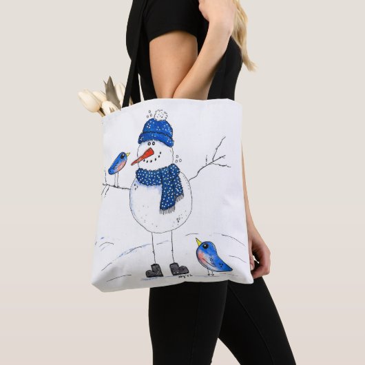 Whimsical Long-Legged Snowman Tote Bag (Dichtbij)