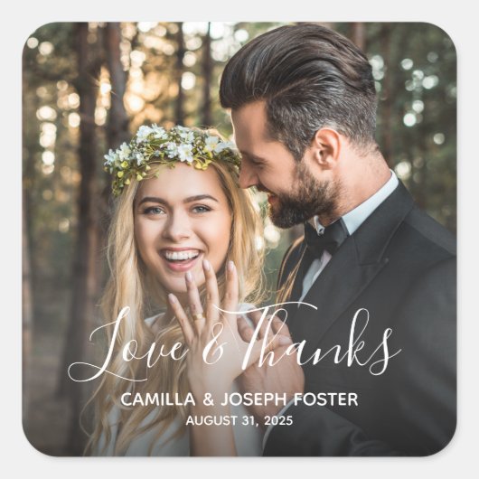 Whimsical Love and Bedankt Wedding Photo Vierkante Sticker (Voorkant)
