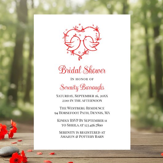 Whimsical Lovebirds Boho Red Heart Bridal Shower Kaart