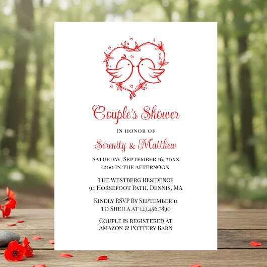 Whimsical Lovebirds Boho Red Heart Bridal Shower Kaart