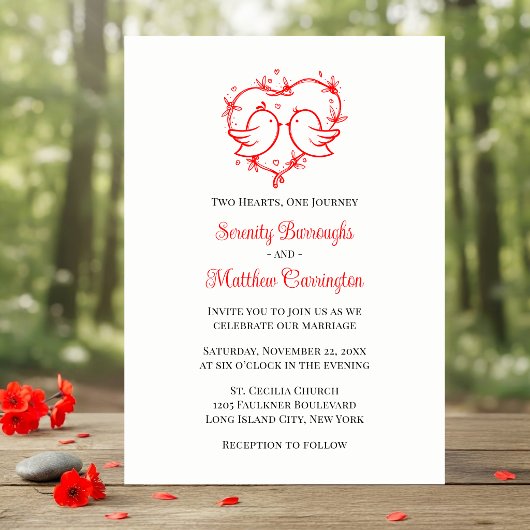 Whimsical Lovebirds Boho Red Love Heart Wedding Kaart