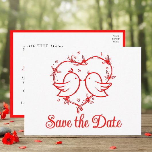 Whimsical Lovebirds Boho Red Wedding Save the Date Aankondigingskaart