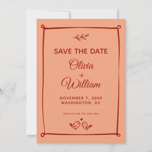 Whimsical Lovebirds, Oranje en rode bruiloft Save The Date (Voorkant)
