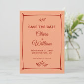 Whimsical Lovebirds, Oranje en rode bruiloft Save The Date (Staand voorkant)