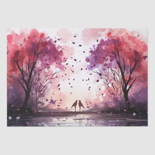 Whimsical Lovebirds & Waterverf Tree Decoupage Tissuepapier (Voorkant)