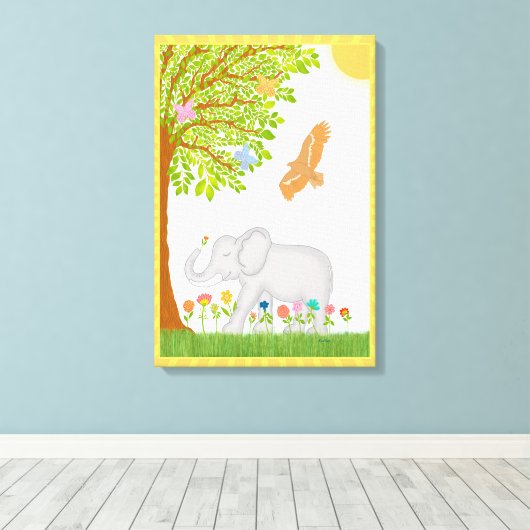 Whimsical Lucky Elephant Nursery Scene Design Canvas Afdruk (Insitu (Houten vloer))