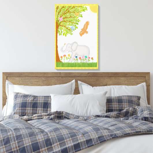 Whimsical Lucky Elephant Nursery Scene Design Canvas Afdruk (Insitu (Slaapkamer))