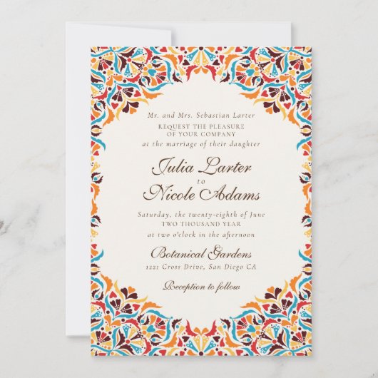 Whimsical Luxe Ivoor Bloemen Grens Foto Huwelijk Kaart (Voorkant)