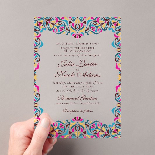 Whimsical Luxe Ivoor Bloemen Stijl Border Wedding Acryl Uitnodigingen (Insitu (Draagbaar))