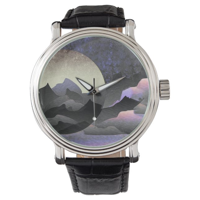 Whimsical Maan en Bergen Abstracte Kunst Horloge (Voorkant)