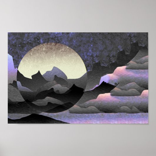 Whimsical Maan en Bergen Abstracte Kunst Poster (Voorkant)