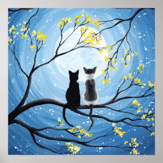 Whimsical Maan met Katten Poster Print (Voorkant)