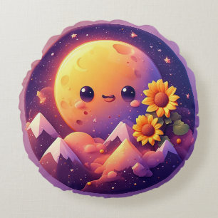 Whimsical Maanscène Omringd door Zonnebloemen Rond Kussen
