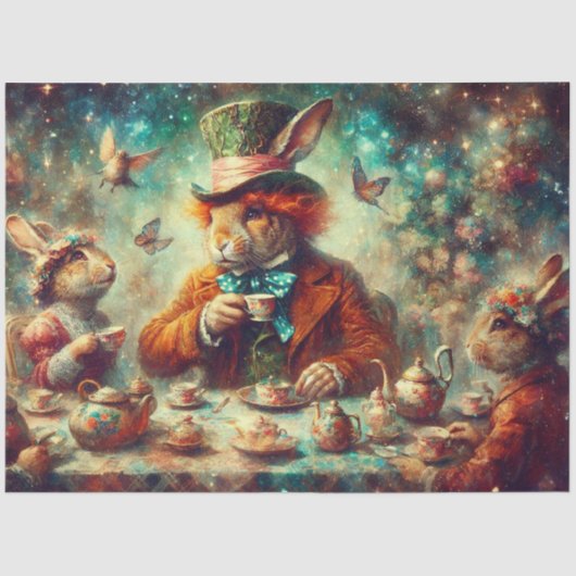 Whimsical Mad Hatter March Hare Tea Decoupage Tissuepapier (Voorkant)