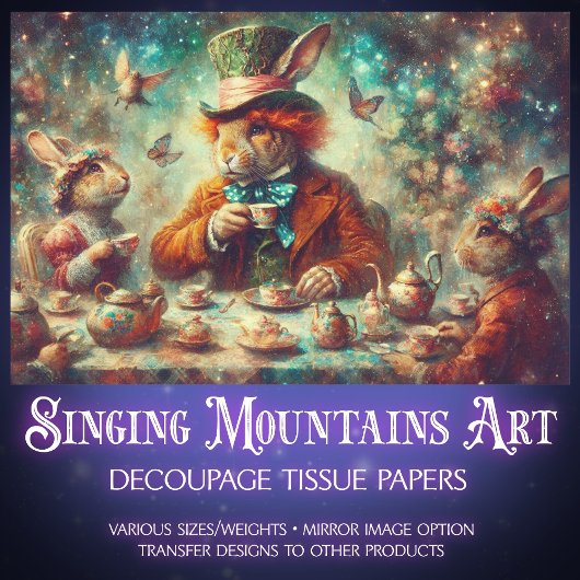 Whimsical Mad Hatter March Hare Tea Decoupage Tissuepapier