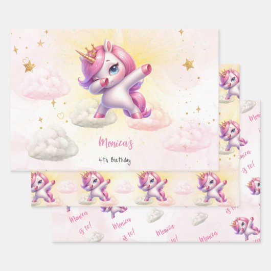 Whimsical magie roze dabbing eenhoorn kinderen ver inpakpapier vel (Set)