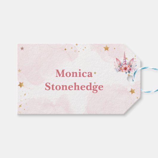 Whimsical magie roze eenhoorn kinderen verjaardag cadeaulabel (Voorkant (Horizontaal))