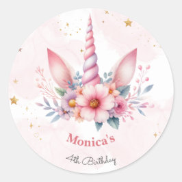 Whimsical magie roze eenhoorn kinderen verjaardag ronde sticker