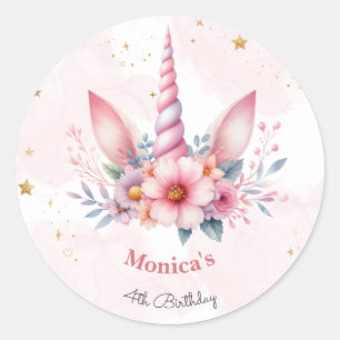 Whimsical magie roze eenhoorn kinderen verjaardag ronde sticker